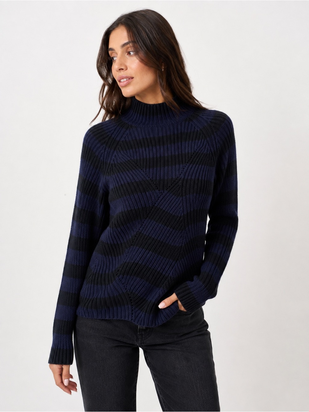 Karen Millen Navy Black Striped Ribbed Knit Jumper Sweater Wool Angora Cashmere